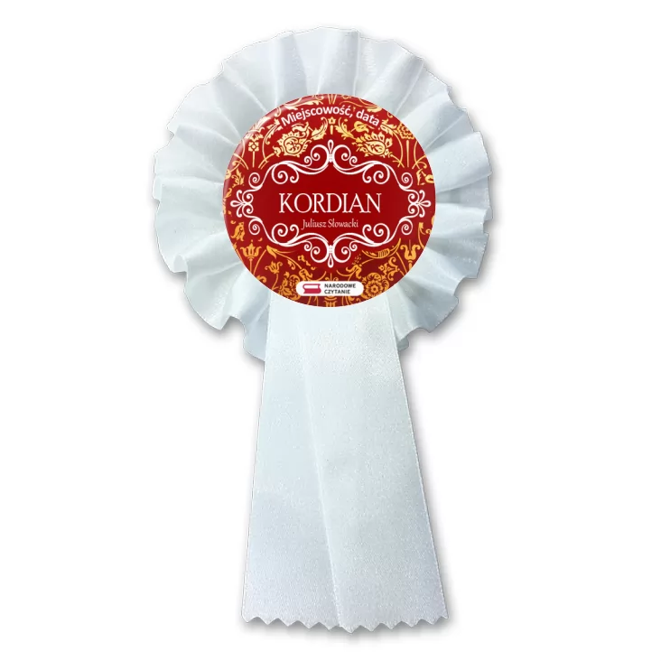 przypinka kotylion Kordian Narodowe Czytanie na szlachetnym tle