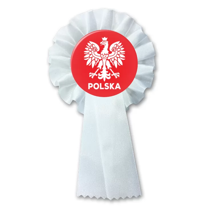 przypinka kotylion Orzeł i napis Polska na czerwonym tle