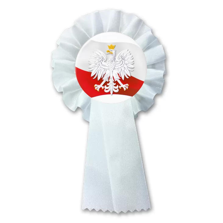 przypinka kotylion Orzeł w koronie na tle powiewającej flagi Polski