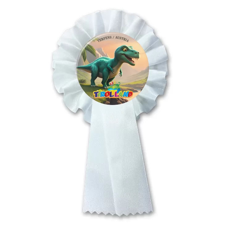 przypinka kotylion Zielony tyranozaur na tle gór Tirolland