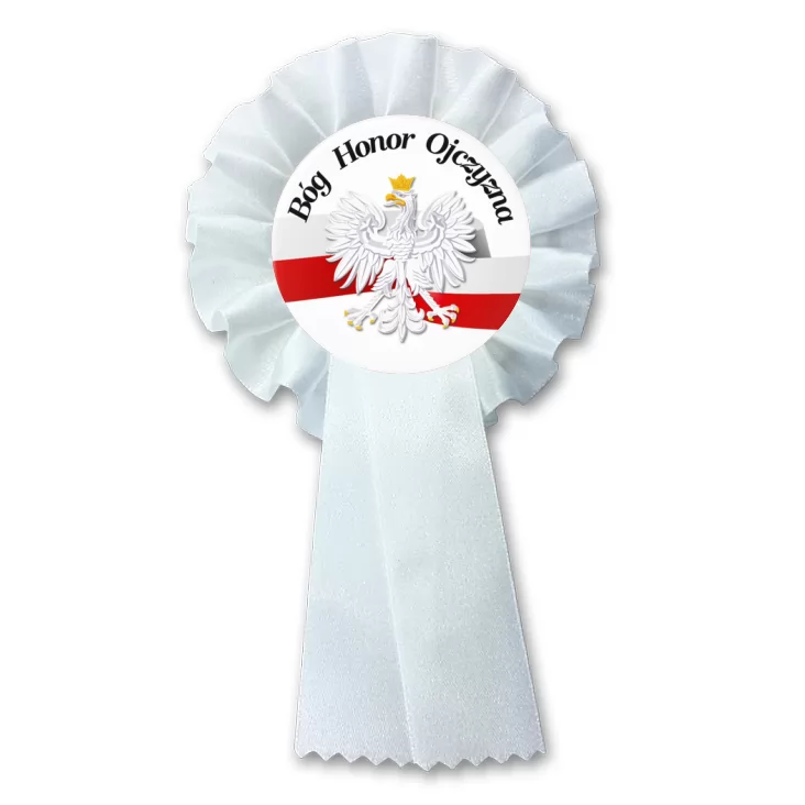 przypinka kotylion Bóg Honor Ojczyzna Orzeł z biało-czerwoną wstęgą