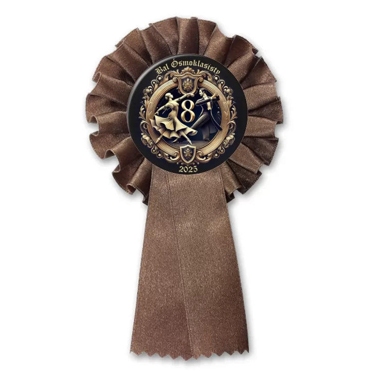 przypinka kotylion Bal Ósmych Klas herb award na czarnym tle