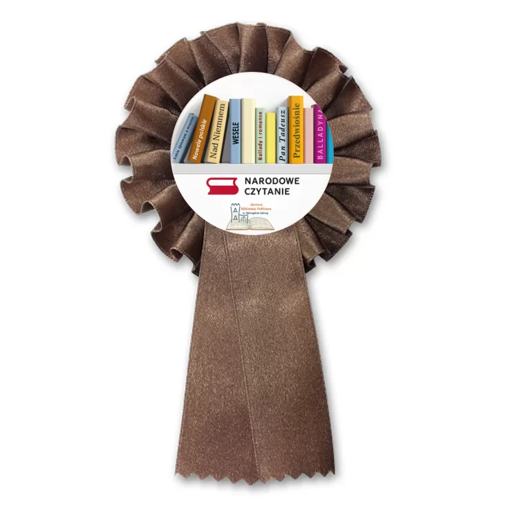 przypinka kotylion Narodowe Czytanie 2025 Biblioteka w Opinogórze