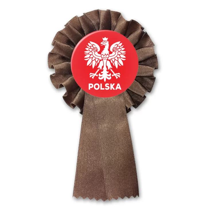 przypinka kotylion Orzeł i napis Polska na czerwonym tle
