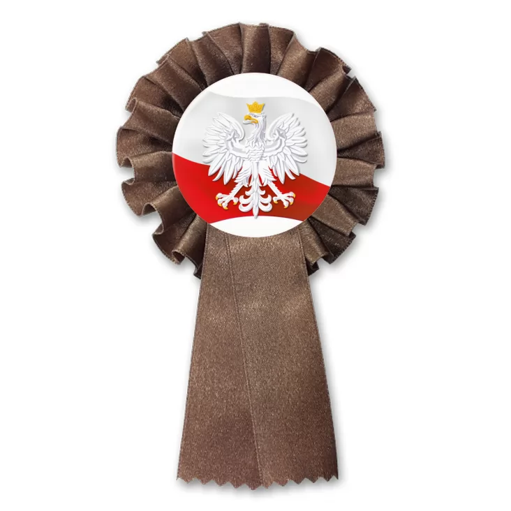 przypinka kotylion Orzeł w koronie na tle powiewającej flagi Polski