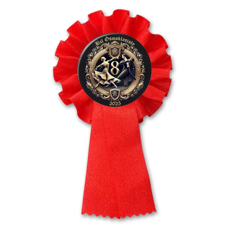 przypinka kotylion Bal Ósmych Klas herb award na czarnym tle