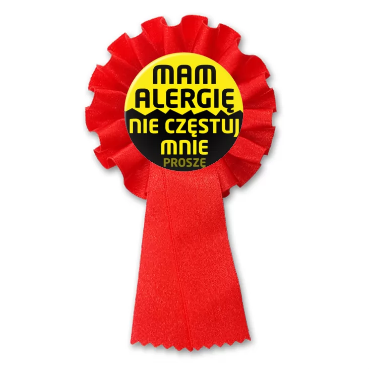 przypinka kotylion Mam alergię nie częstuj mnie proszę