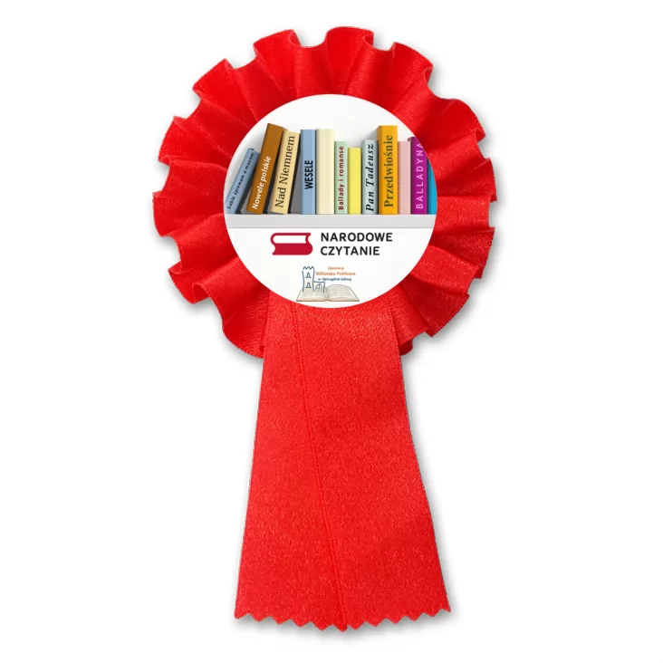 przypinka kotylion Narodowe Czytanie 2025 Biblioteka w Opinogórze