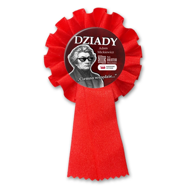 przypinka kotylion Narodowe Czytanie Bibliotek Publiczna w Sosnowcu