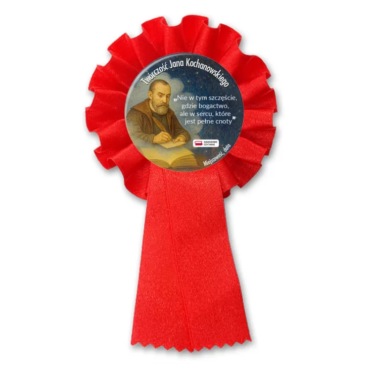 przypinka kotylion Narodowe Czytanie Jan Kochanowski na granatowym tle
