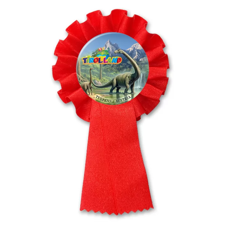 przypinka kotylion Brachiozaur na tle Alp Tirolland