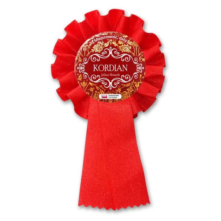 przypinka kotylion Kordian Narodowe Czytanie na szlachetnym tle