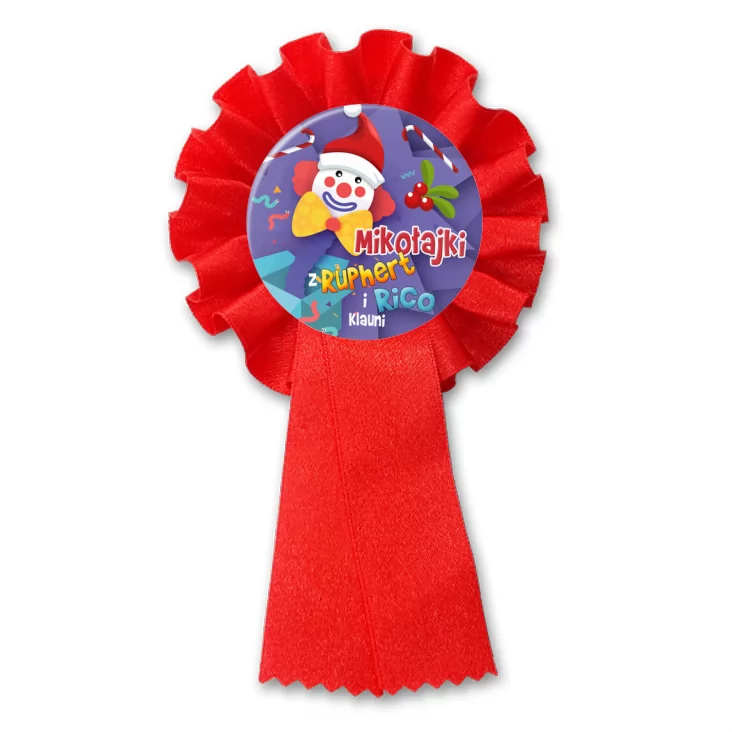 przypinka kotylion Mikołajki z Ruphert i Rico Klauni na fioletowym tle