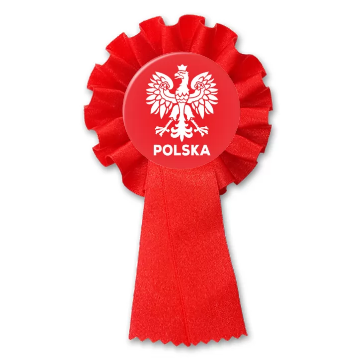 przypinka kotylion Orzeł i napis Polska na czerwonym tle