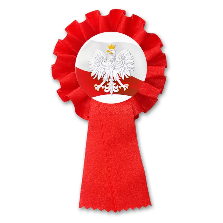 przypinka kotylion Orzeł w koronie na tle powiewającej flagi Polski