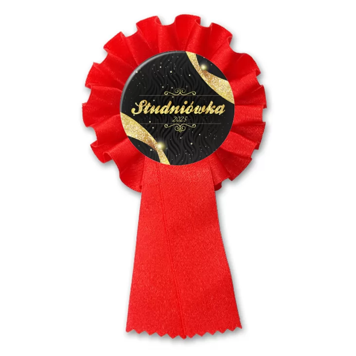 przypinka kotylion Studniówka ze złotym napisem na czarnym tle