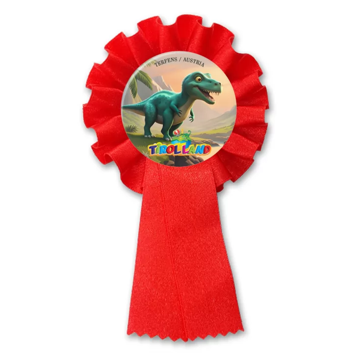 przypinka kotylion Zielony tyranozaur na tle gór Tirolland