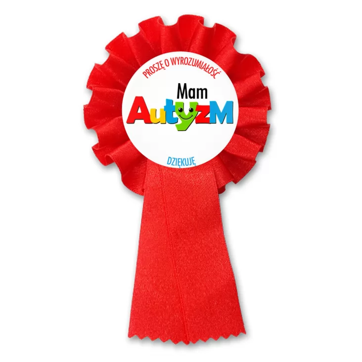 przypinka kotylion Mam autyzm. Barwny napis.