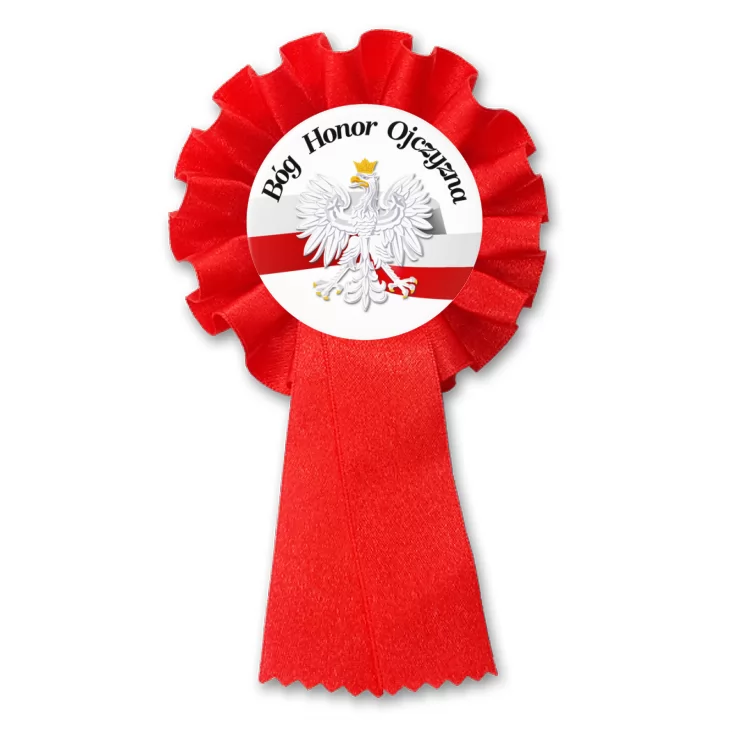 przypinka kotylion Bóg Honor Ojczyzna Orzeł z biało-czerwoną wstęgą