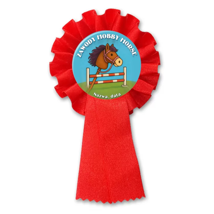 przypinka kotylion Zawody hobby horse na niebieskim tle