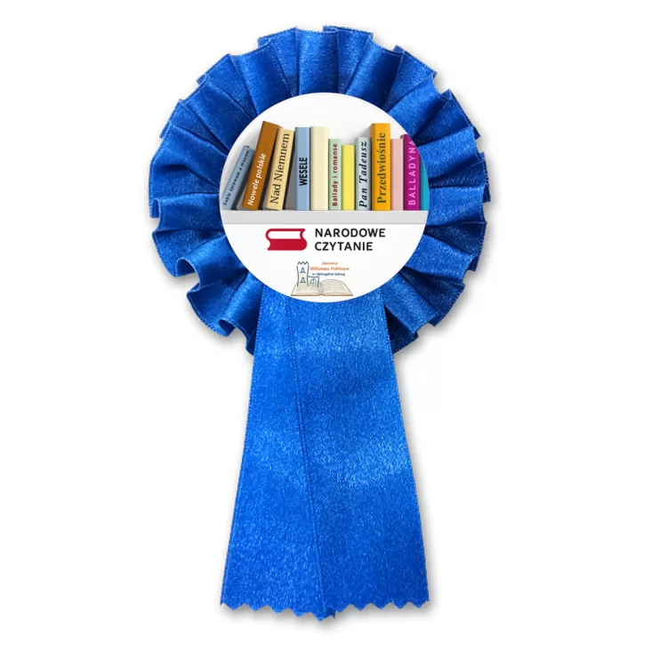 przypinka kotylion Narodowe Czytanie 2025 Biblioteka w Opinogórze