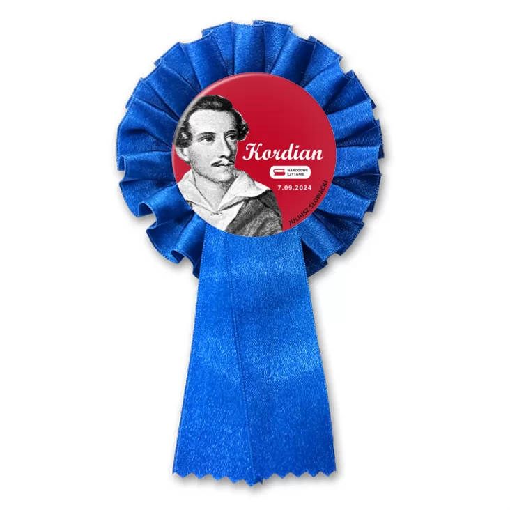przypinka kotylion Narodowe czytanie Kordian Juliusz Słowacki na czerwonym tle