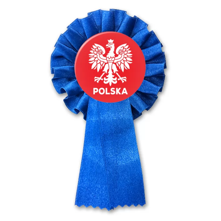 przypinka kotylion Orzeł i napis Polska na czerwonym tle