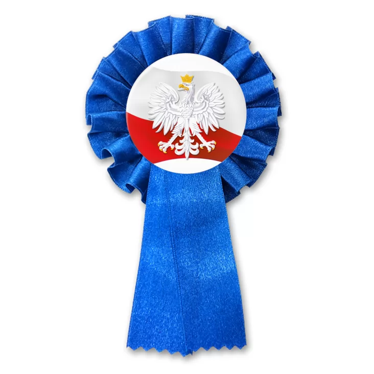 przypinka kotylion Orzeł w koronie na tle powiewającej flagi Polski