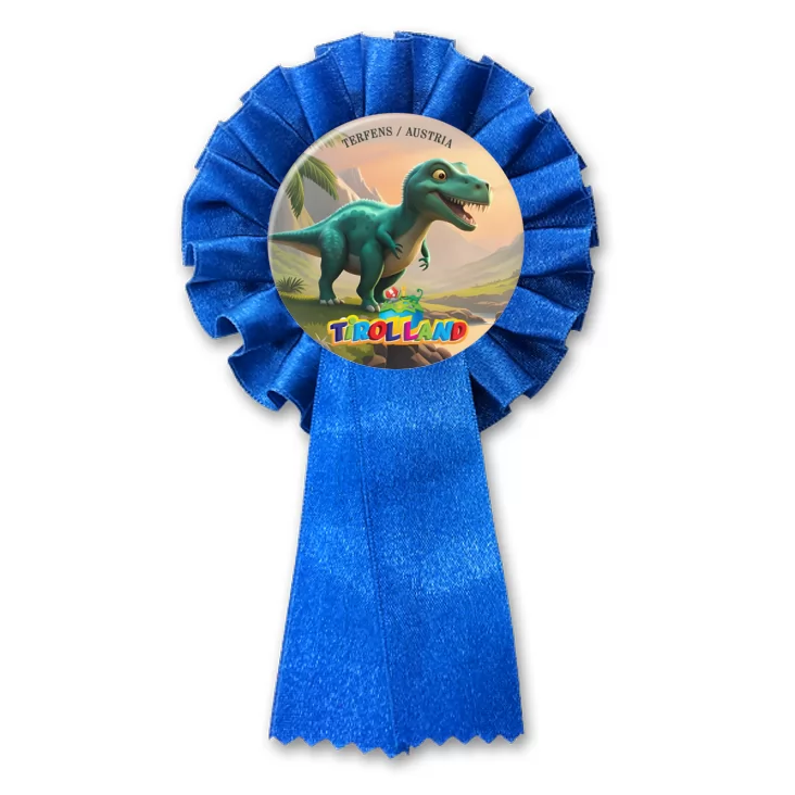 przypinka kotylion Zielony tyranozaur na tle gór Tirolland