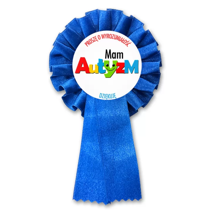 przypinka kotylion Mam autyzm. Barwny napis.