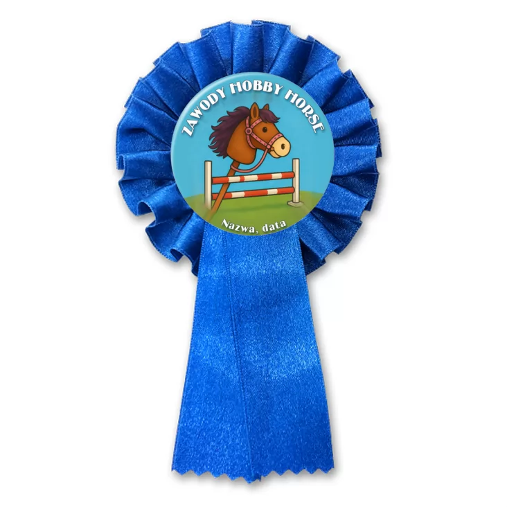 przypinka kotylion Zawody hobby horse na niebieskim tle