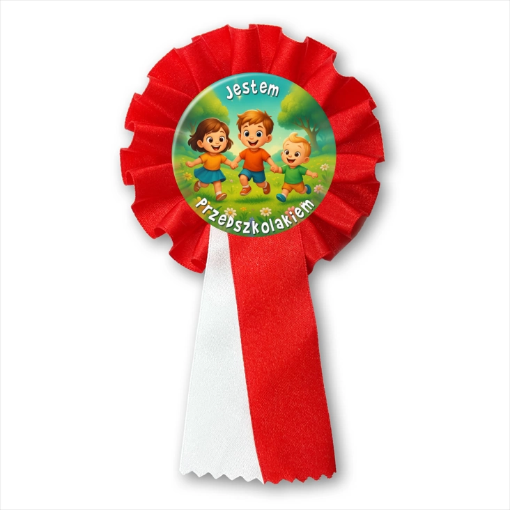 przypinka kotylion Jestem przedszkolakiem dzieci na łące