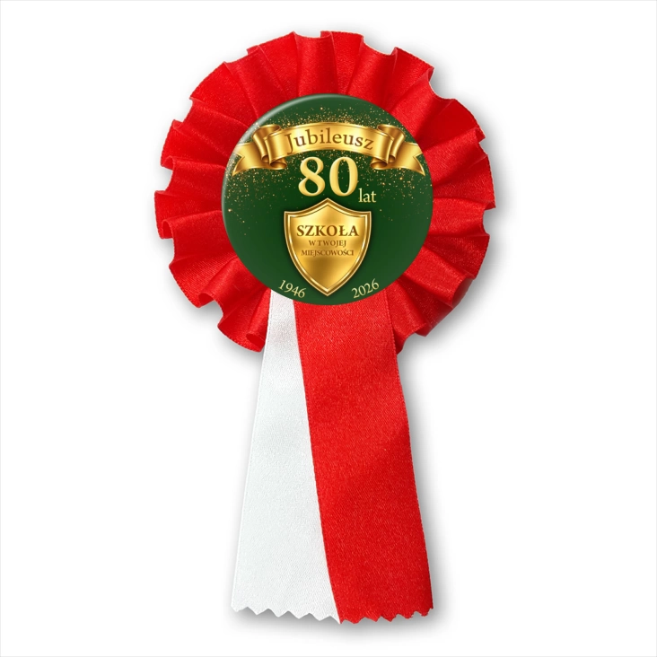 przypinka kotylion Jubileusz 80 lat szkoły na zielonym tle