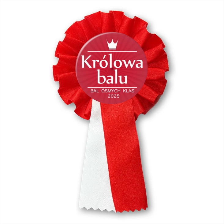 przypinka kotylion Bal Ósmych Klas z białą koroną czerwona