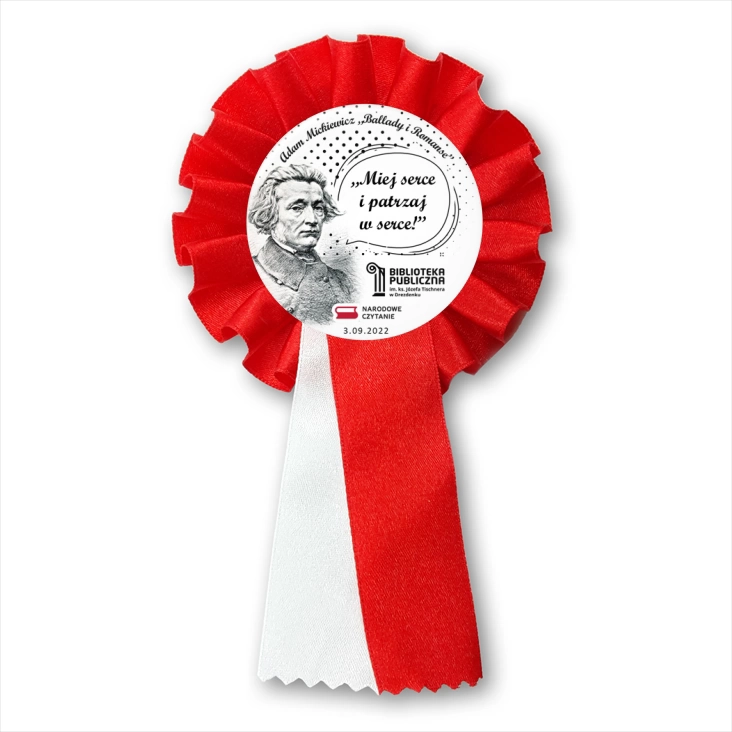 przypinka kotylion Narodowe Czytanie 2022 Biblioteka w Drezdenku
