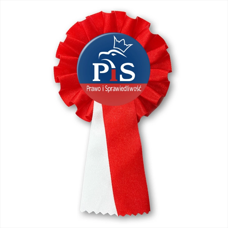 przypinka kotylion Prawo i Sprawiedliwość PiS logo w inwersji