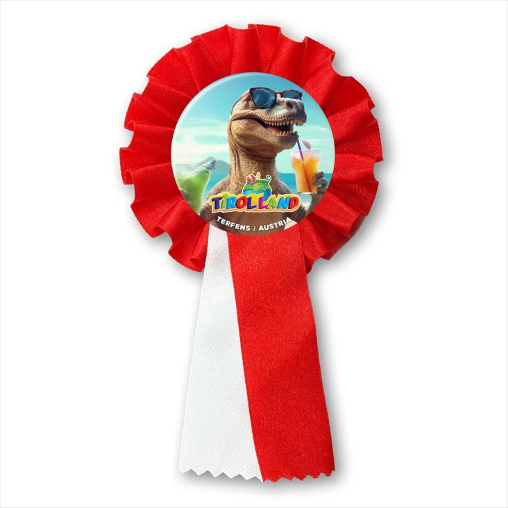 przypinka kotylion Tyranozaur na wakacjach w Tirolland