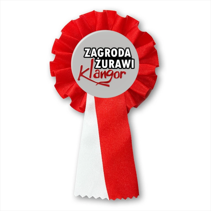 przypinka kotylion Zagroda Żurawi Klangor na szarym tle