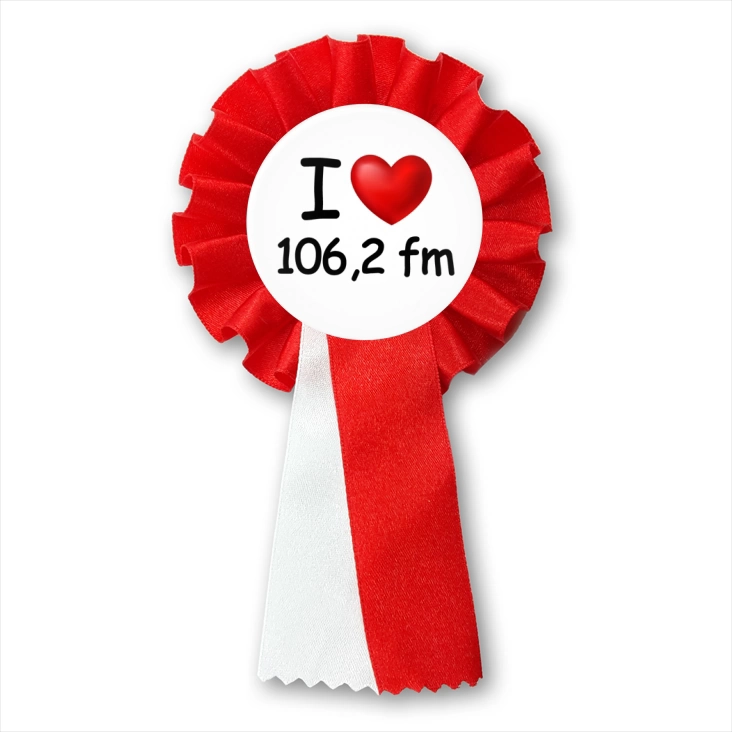 przypinka kotylion I love 106,2 fm