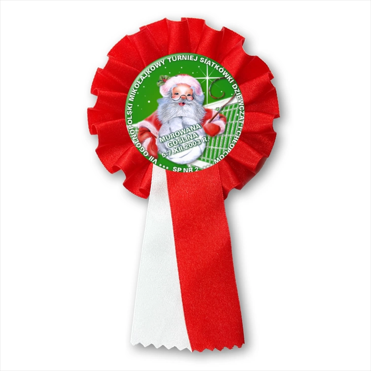 przypinka kotylion VII Mikołajkowy Turniej Minisiatkówki Dziewcząt i Chłopców