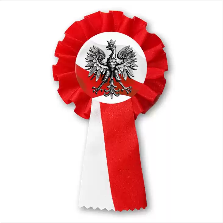 przypinka kotylion Orzeł Polski na tle flagi państwowej