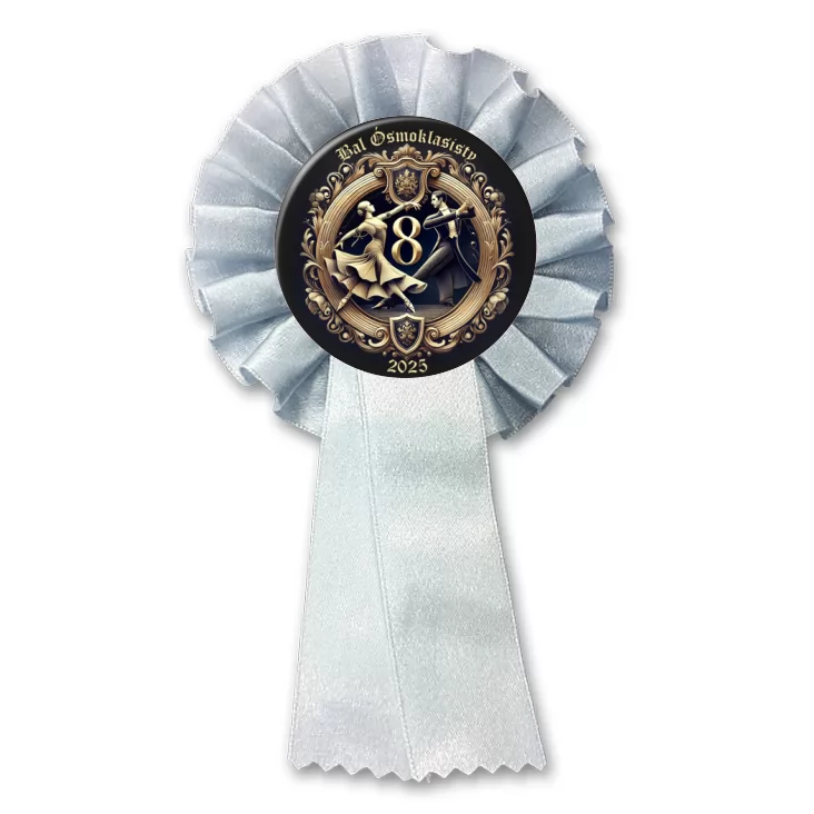 przypinka kotylion Bal Ósmych Klas herb award na czarnym tle