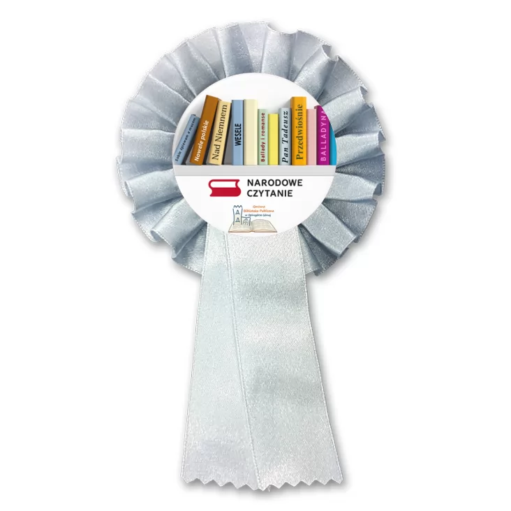 przypinka kotylion Narodowe Czytanie 2025 Biblioteka w Opinogórze