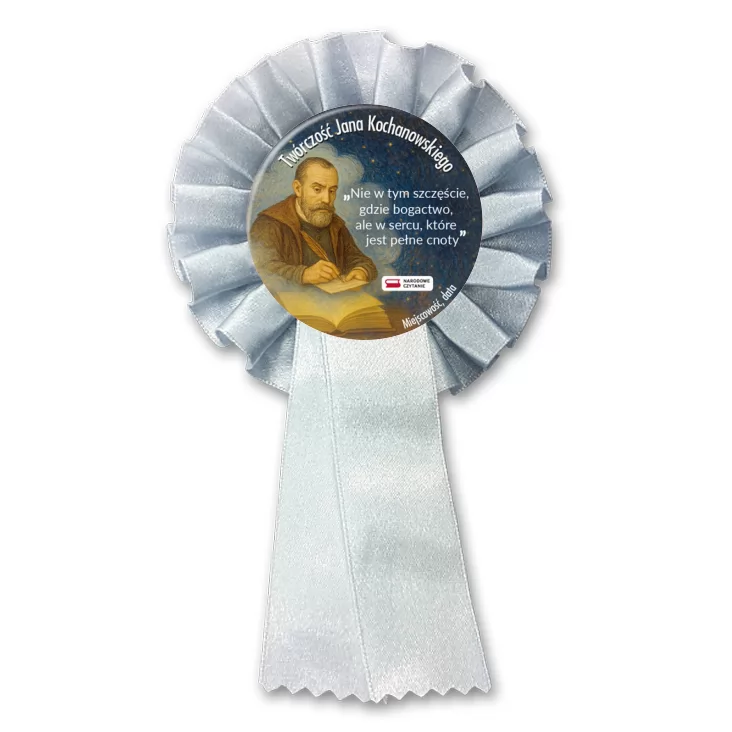 przypinka kotylion Narodowe Czytanie Jan Kochanowski na granatowym tle