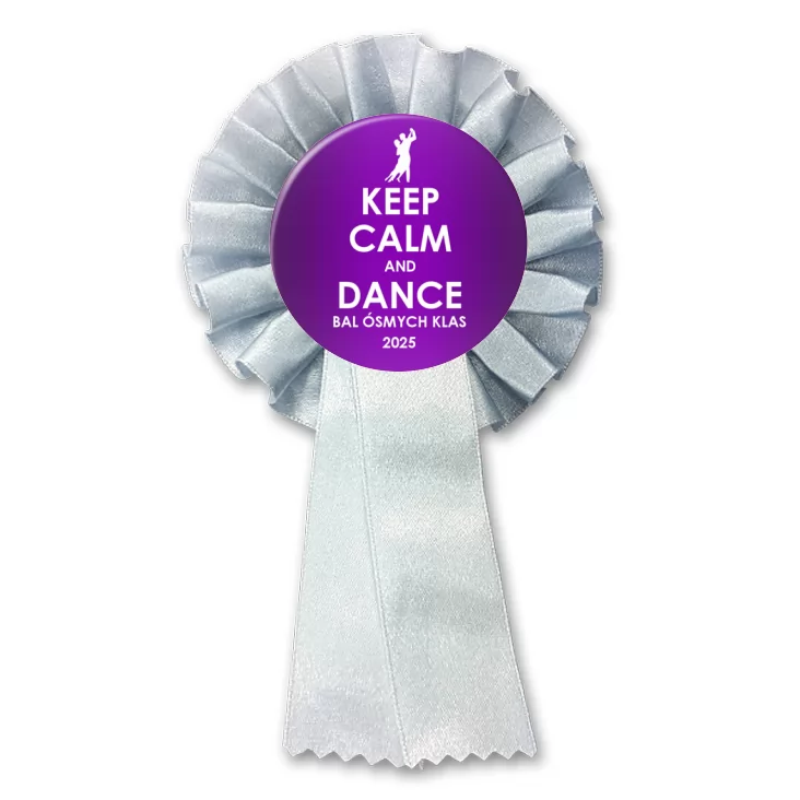 przypinka kotylion Bal Ósmych Klas keep calm and dance fioletowa