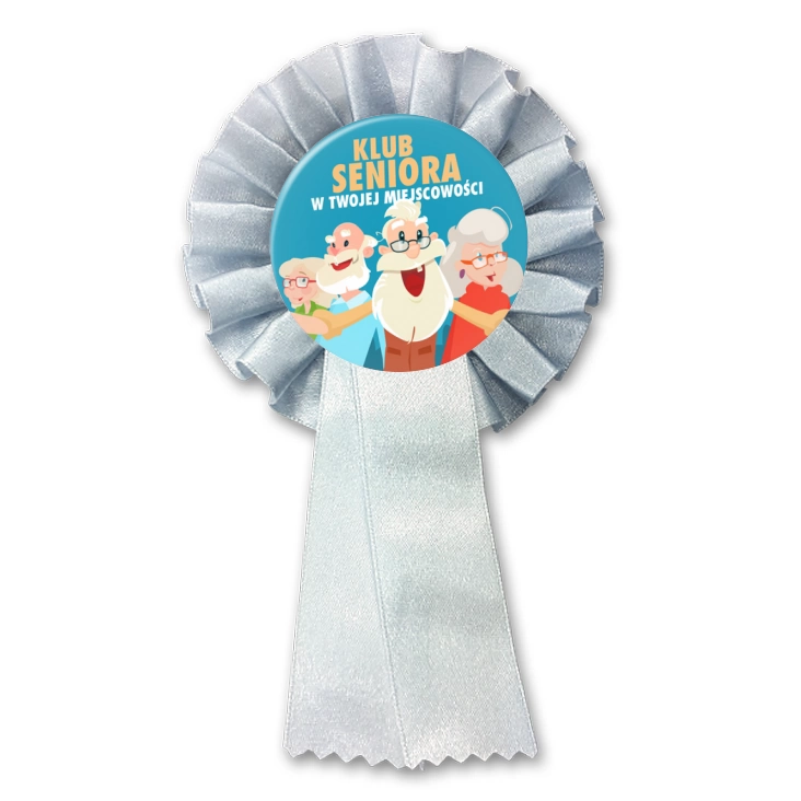 przypinka kotylion Klub Seniora na niebieskim tle