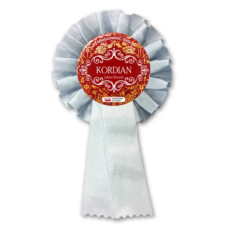 przypinka kotylion Kordian Narodowe Czytanie na szlachetnym tle