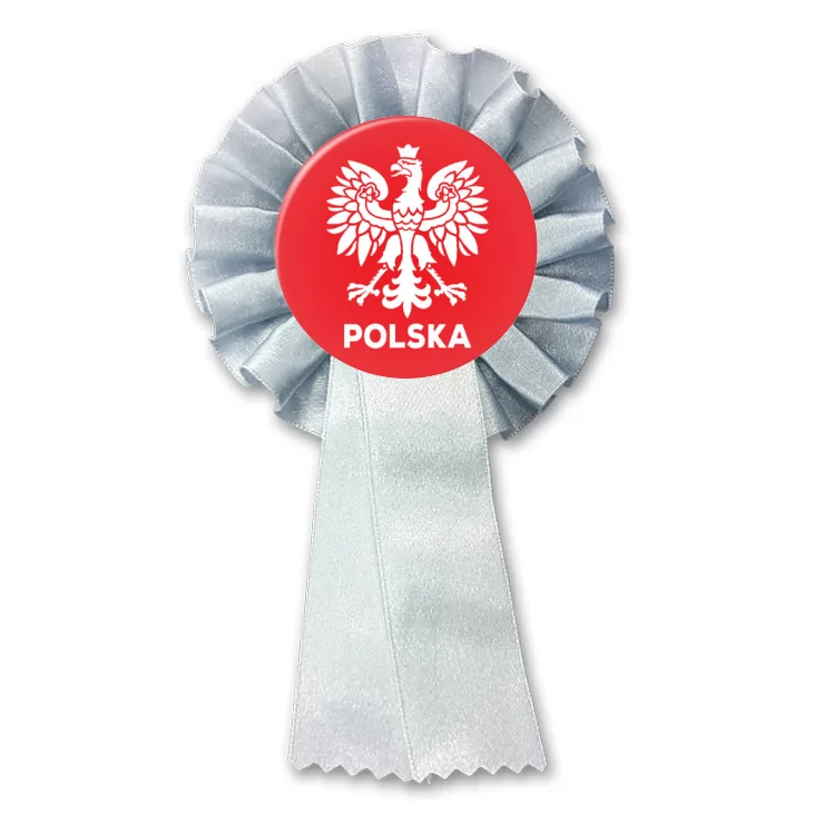 przypinka kotylion Orzeł i napis Polska na czerwonym tle