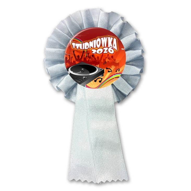 przypinka kotylion Studniówka z tłumem tańczącym przy gramofonie