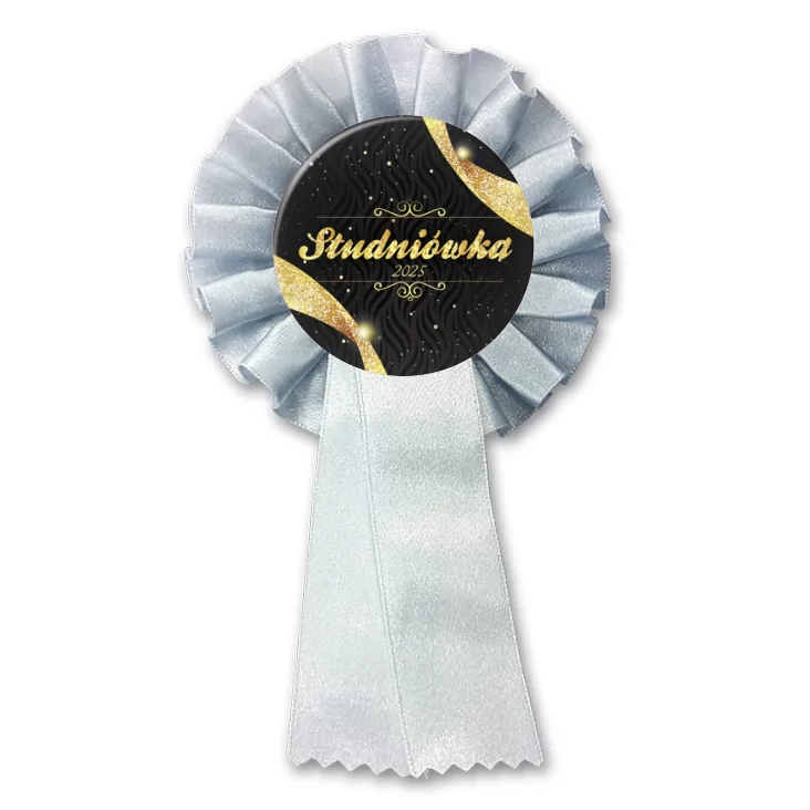 przypinka kotylion Studniówka ze złotym napisem na czarnym tle